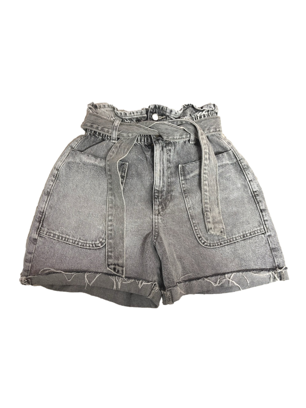 High-Waist Washed Gray Denim Paperbag Shorts